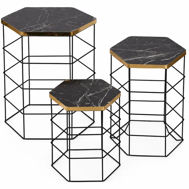 Naturn Living Bijzettafel Set van 3 – Zwarte Metalen Draadmand Tafels met Marmerlook Tafelblad – Ronde Salontafels met Opbergruimte voor Woonkamer en Slaapkamer – Zwart/Goud