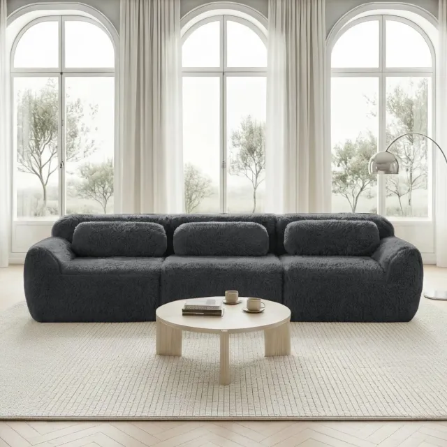 MEUNIQ 3-zits bank 291 x 104 x 73 cm, modulaire zitbank met premium pluche stof, hoge rugleuning, kussens, anti-slip onderkant, voor woonkamer, grijs