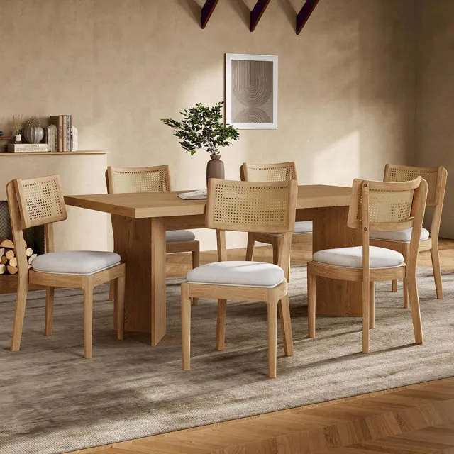 KOMHTOM BLACKCOLORS 6 massief houten eetkamerstoelen met rotan rugleuningen, comfortabel en ademend, geschikt voor eetkamers, woonkamers, cafés, moderne stijl, linnenkleurig, houtkleurig