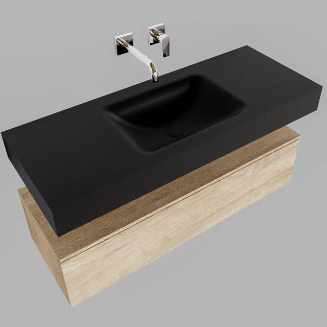 Boss & Wessing Badmeubel Ibiza 120 cm Washed Oak Spoelbak Midden Mat Zwart (0 kraangaten)