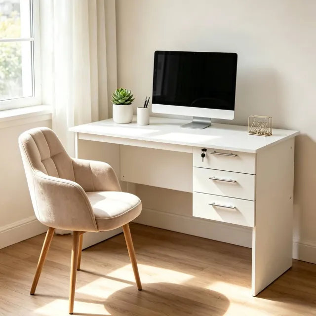 STILVORA Computerbureau Wit Hout Met 3 Laden En Slot 120x60x75 Cm Modern Bureau Voor Werken Studeren En Opbergen White