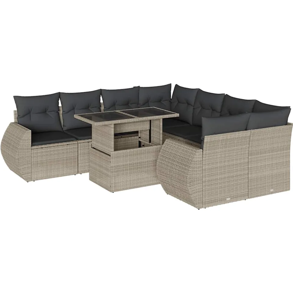 vidaXL 9-delige Loungeset met kussens poly rattan lichtgrijs grijs, foto 3