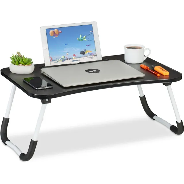Relaxdays laptoptafel bank - inklapbaar - met tablethouder - 26 x 63 x 40 cm - zwart