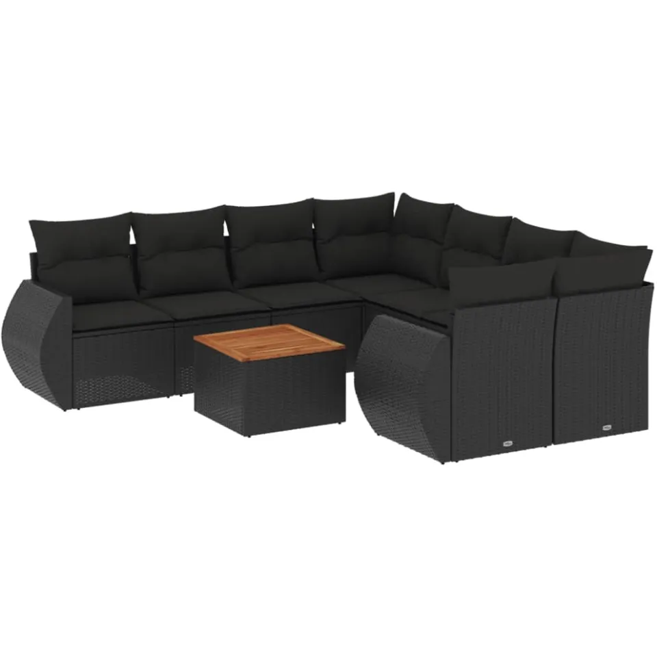 vidaXL 9-delige Loungeset met kussens poly rattan zwart, foto 3