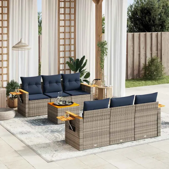 vidaXL 7-delige Loungeset met kussens poly rattan grijs, foto 2