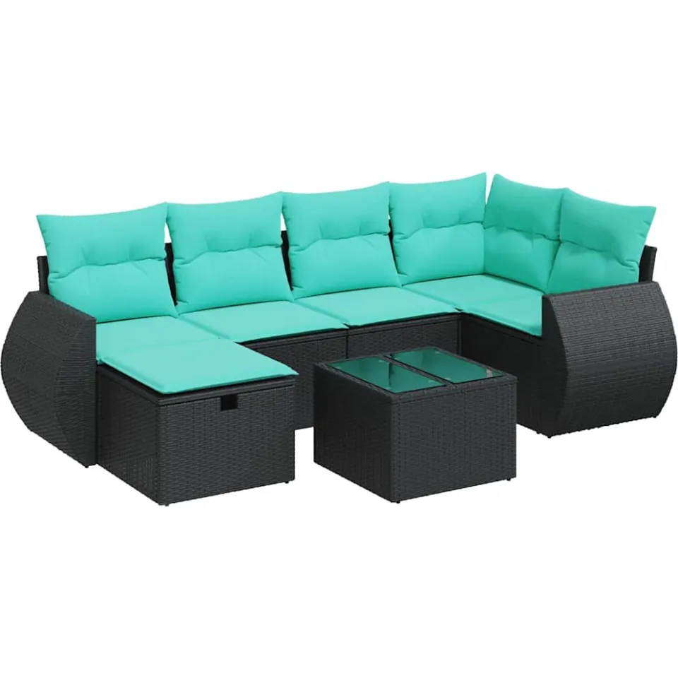 vidaXL 7-delige Loungeset met kussens poly rattan zwart, foto 3