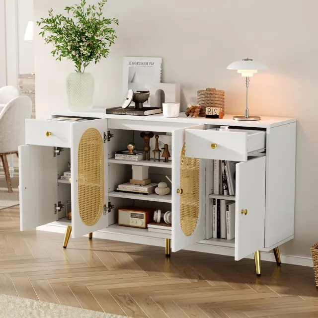 FloraGrace Dressoir - Met 4 Deuren En 2 Laden - Verstelbare Planken Voor Woonkamer En Keuken - Spaanplaat - 140x35x82 Cm Wit