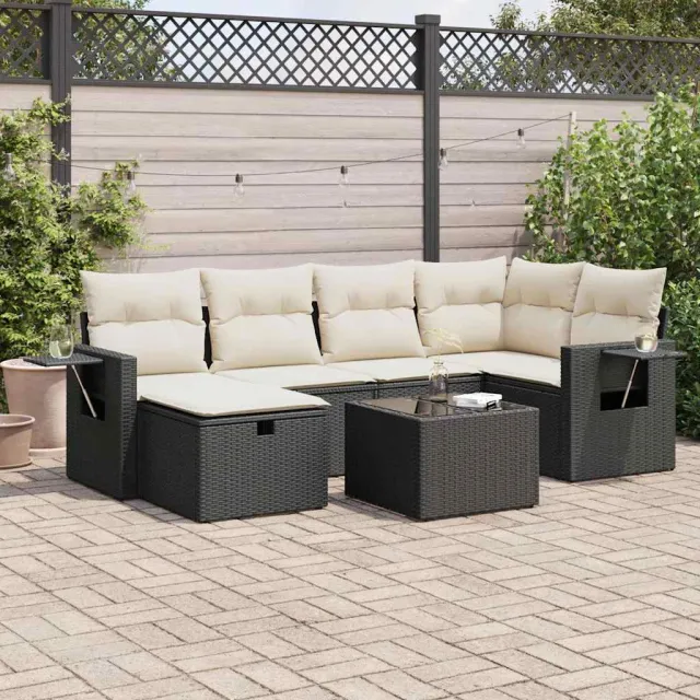vidaXL 7-delige Loungeset met kussens poly rattan zwart, foto 2