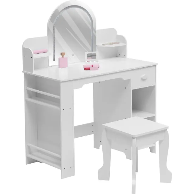 Triumpunpre Kinder Kaptafel Met LED Spiegel En Krukje - Prinsessen Schminktafel Met Touch Bediening - Opbergruimte Voor Meisjes 3-9 Jaar - Wit Inclusief Accessoires