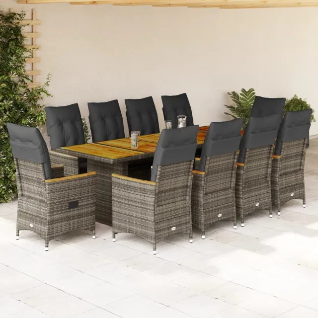 vidaXL 11-delige Bistroset met kussens poly rattan grijs