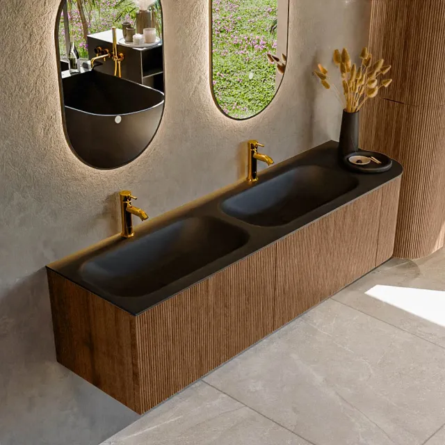 Mondiaz KURVE 165 cm Onderkast Greeploos 2 Lades Met Deuren Walnut, Wastafel Solid Surface Links Urban 2 Kraangaten Zonder Spiegel (KRVBGS165R2L1D2KD-Wal/Urb)