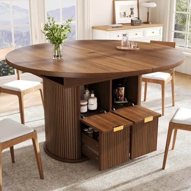 Lemlit Uitschuifbare Eettafel, Ovale Keukentafel 118-158 x 118 x 76,8 cm, met 2 Laden en Opbergruimte, voor 4-6 Personen, Keuken en Eetkamer - Donkerbruin