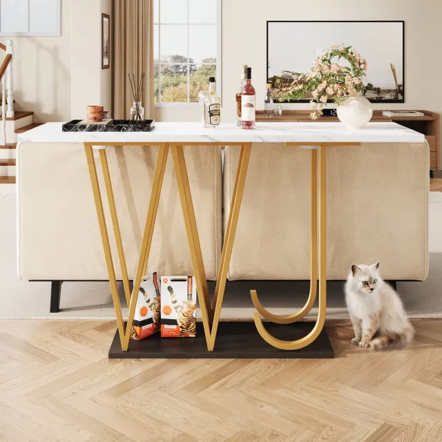 Wishdor Tafel - Met Opbergruimte - Marmerlook - Voor Hal Of Balkon - MDF En Metaal - Wit - 120 X 29,5 X 80 Cm