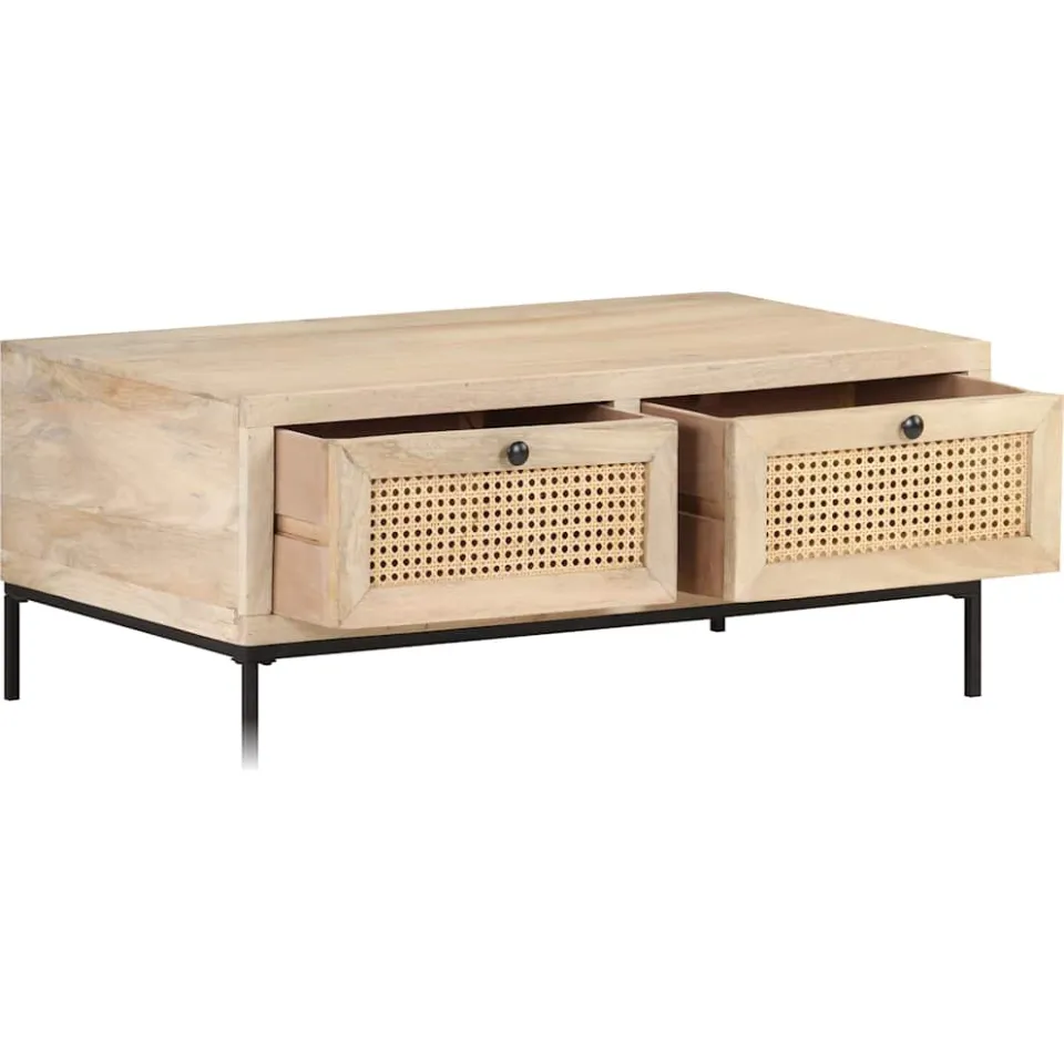 vidaXL Salontafel 90x50x37 cm massief mangohout en natuurlijk riet bruin, foto 3