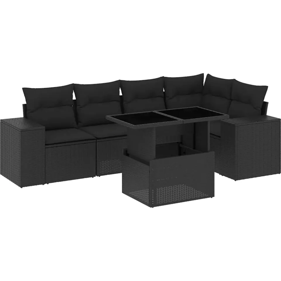 vidaXL 6-delige Loungeset met kussens poly rattan zwart, foto 3
