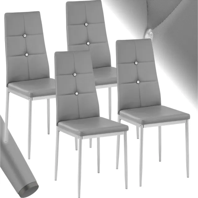 Tectake Moderne Stoelen - Set Stoelen met Kunstleren Bekleding en Strass-Steentjes - Geschikt als Keukenstoel, Eetkamerstoel of Gestoffeerde Stoel voor Woonkamer, Eettafel, Bar (Grijs, set van 4)