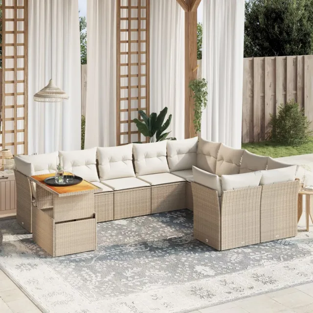 vidaXL 10-delige Loungeset met kussens poly rattan beige, foto 2