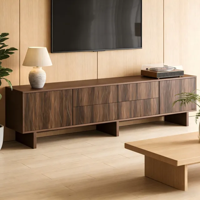 HAUSS SPOLE Tv Meubel - Golfdesign Met 4 Lades En 2 Kastdeuren - Voor Woonkamer - Spaanplaat Donker Walnoot - 180x40x56 Cm