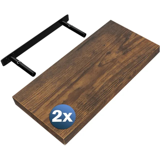 Famanu Set van 2 houten wandplanken met bevestiging, zwevende planken met een draagkracht van 15 kg, 50 cm, donker eiken Naturel