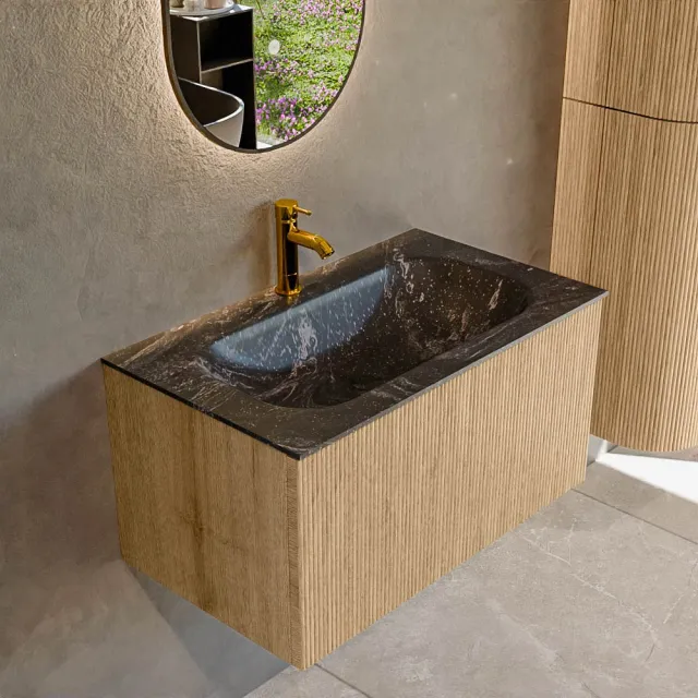 Mondiaz KURVE-DLUX 80 cm Onderkast Greeploos 1 Lade Zonder Deuren Oak, Wastafel Solid Surface Volledig Lava 1 Kraangat Zonder Spiegel (KRVBGS801L0D1KM-Oak/Lav)