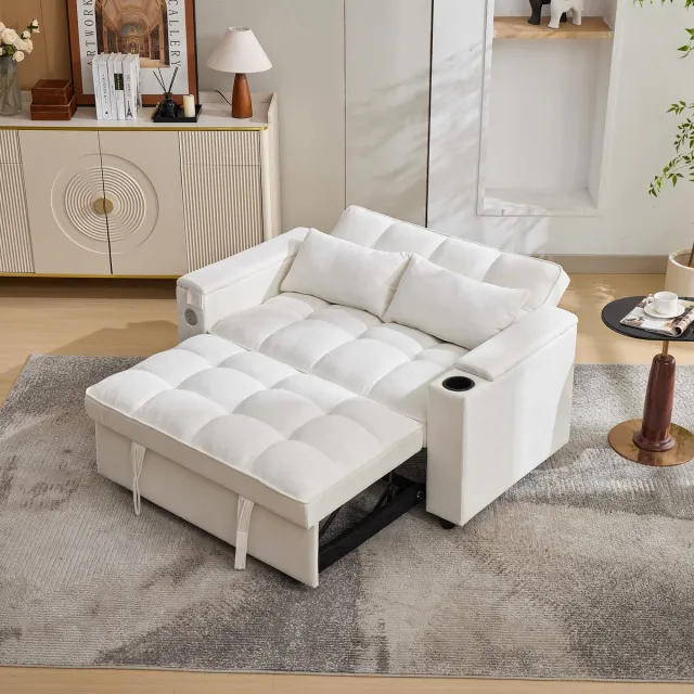 Zubaliya 2-zits slaapbank - 140,5 x 74 x 82 cm - met schuimvulling - met slaapfunctie - met verstelbare rugleuning - met opbergruimte - met USB-aansluiting Beige
