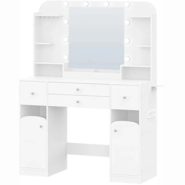 Nyoz kaptafel met LED spiegel - Make up tafel - Dressing table - 4 lades - 108 cm breed - 3 lichtkleuren - USB - Föhnhouder Wit