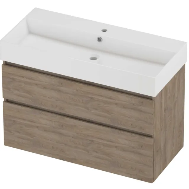 Proline Zara Badmeubelset Porselein Loft 1 Kraangat Asymmetrisch 100x46x73 cm Glans Wit Raw Oak Eiken