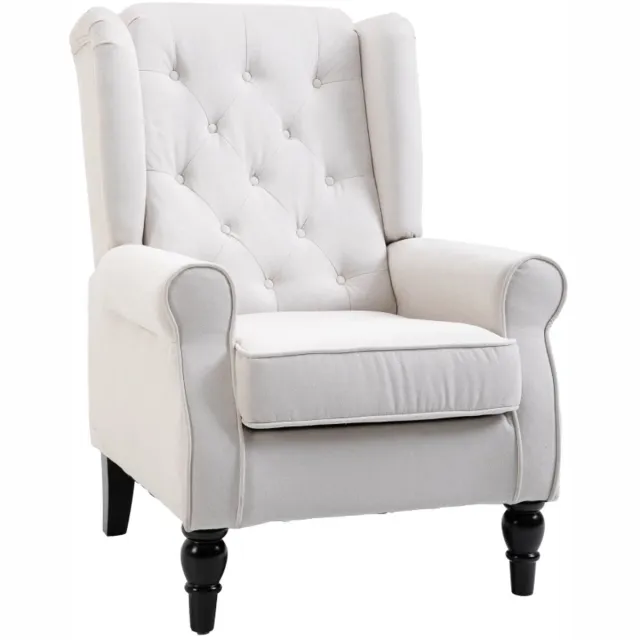 ZYLARO Fauteuil - Vleugelstoel - Relaxstoel - Vintage Design - Knoopstiksel - Gedraaide Poten - 74 cm x 86 cm x 102 cm - Crèmewit