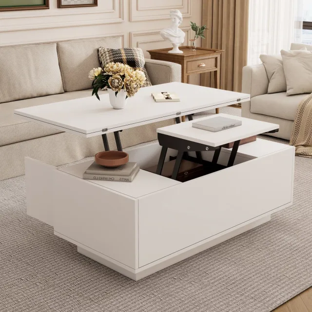 MUVANO Witte Salontafel Met Lift - Salontafel Met Verborgen Opbergruimte - Dubbel Hefmechanisme-Woonkamertafel - 100x50x43cm- In hoogte verstelbaar- Woonkamer Wit