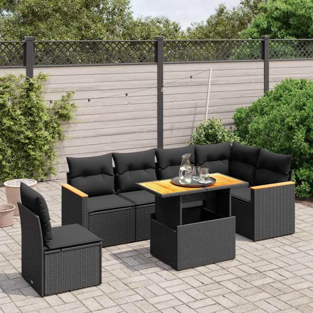 vidaXL 7-delige Loungeset met kussens poly rattan zwart, foto 2