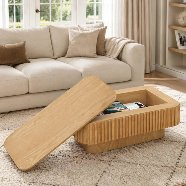 OKWISH Salontafel – Verborgen Opbergruimte Met Afneembaar Klapblad – Voor Woonkamer Of Kantoor – Houtlook Naturel – 98x60x35 cm Naturel hout