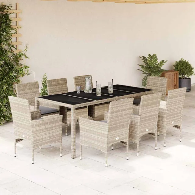vidaXL 9-delige Tuinset met kussens poly rattan en glas lichtgrijs grijs, foto 2