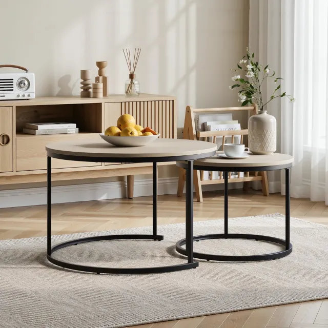 CHICFURN Salontafel 70 cm - Ineenschuifbaar - Set van 2 - Woonkamer - Spaanplaat en metaal - Eikenkleur en zwart