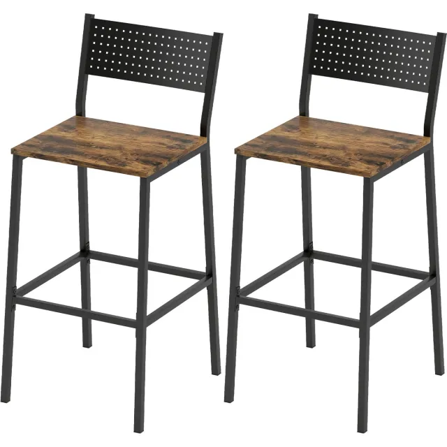 ECTEATOY Set van 2 Barkrukken - Met Rugleuning en Voetensteun - Industrieel - Zithoogte 72,5 cm - Metaal en MDF - Bruin