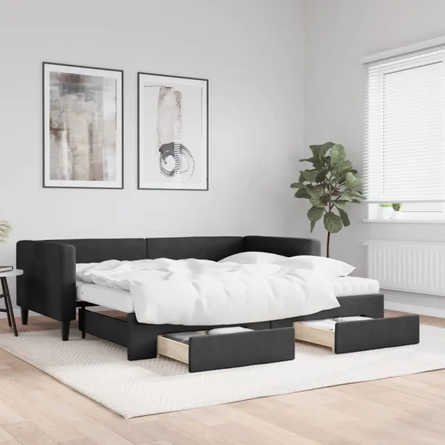 vidaXL Slaapbank met onderschuifbed en lades 90x190 cm stof zwart
