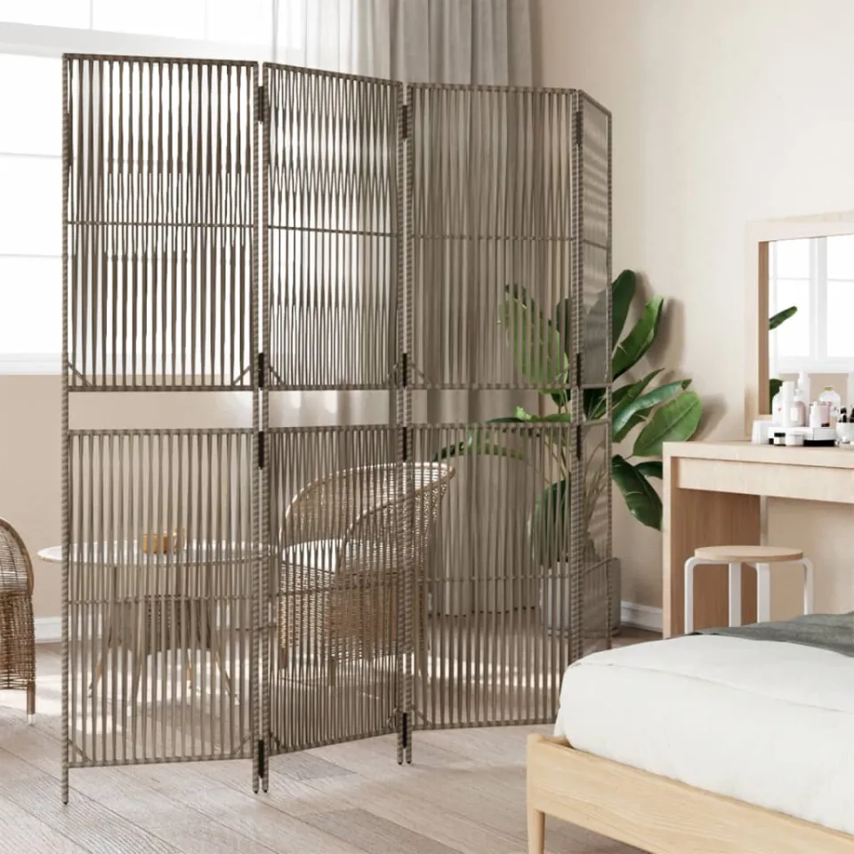 vidaXL Kamerscherm 4 panelen poly rattan grijs, foto 3
