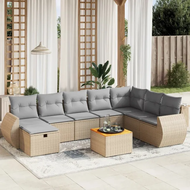vidaXL 9-delige Loungeset met kussens poly rattan gemengd beige, foto 2