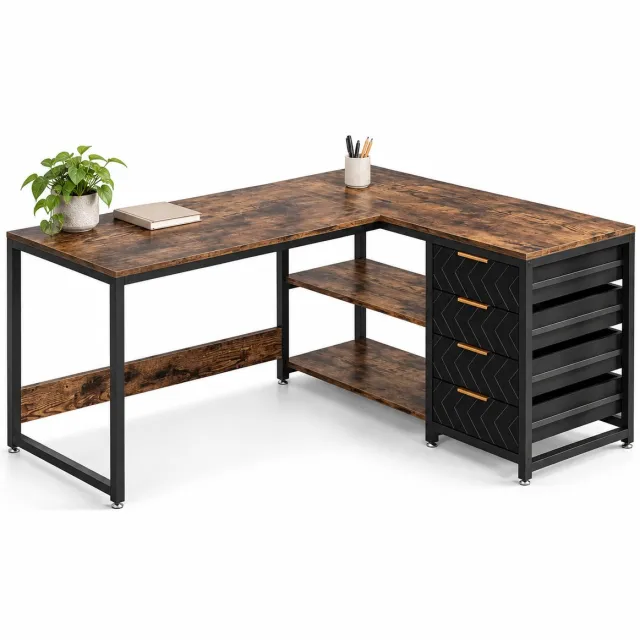 DMG Supply Omkeerbaar Hoekbureau met 4 Lades - L-Vormig Computerbureau met Opbergruimte - 150 x 110 x 75 cm - Bruin/Zwart