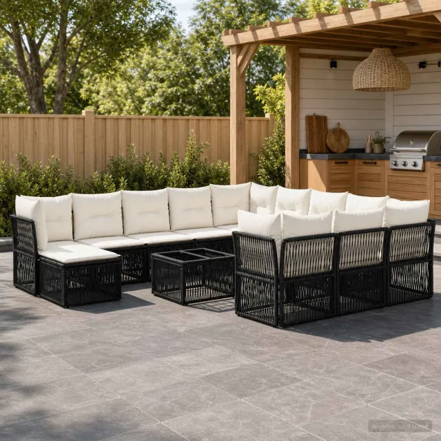vidaXL Tuinbankenset 13 st 12-zits Zwart poly rattan, foto 2