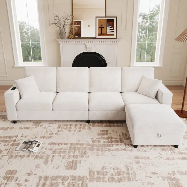 MODENUIT Hoekbank 4-Zits 282 x 153 x 82 cm - Ledverlichting en Opbergruimte - Woonkamer - Polyester Beige