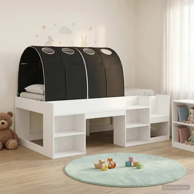 vidaXL Bedframe met tunnel met plank 3 st Wit en zwart Bewerkt hout