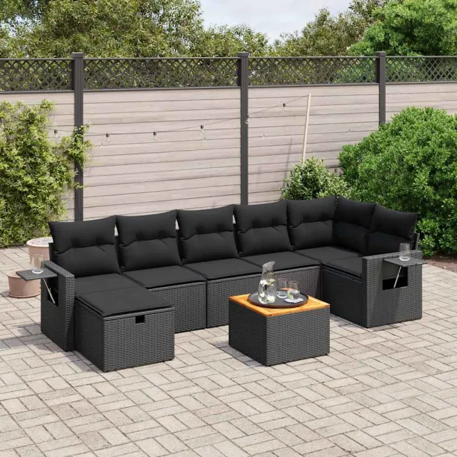 vidaXL 8-delige Loungeset met kussens poly rattan zwart, foto 2