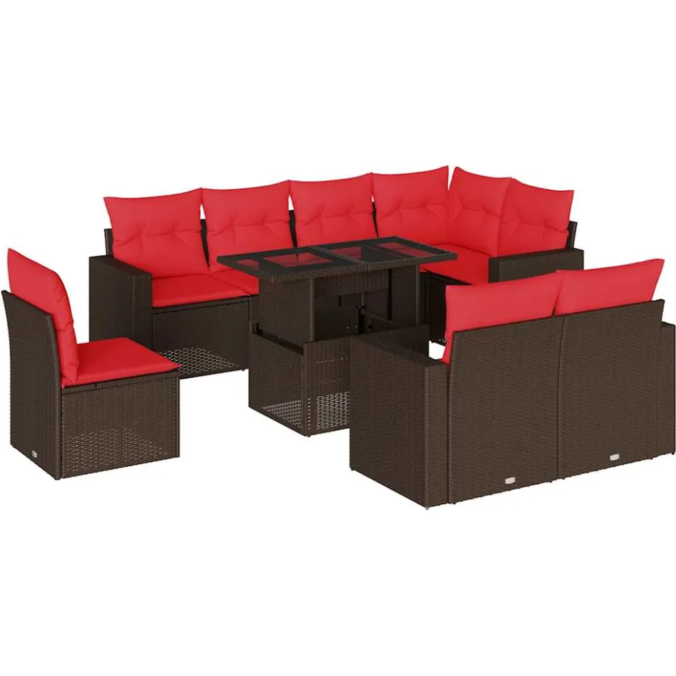 vidaXL 9-delige tuinbankset met kussens, bruin polyrotan