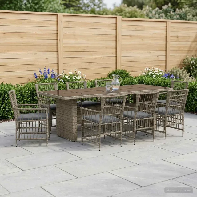 vidaXL Buiten eettafelset 9 st Grijs poly rattan