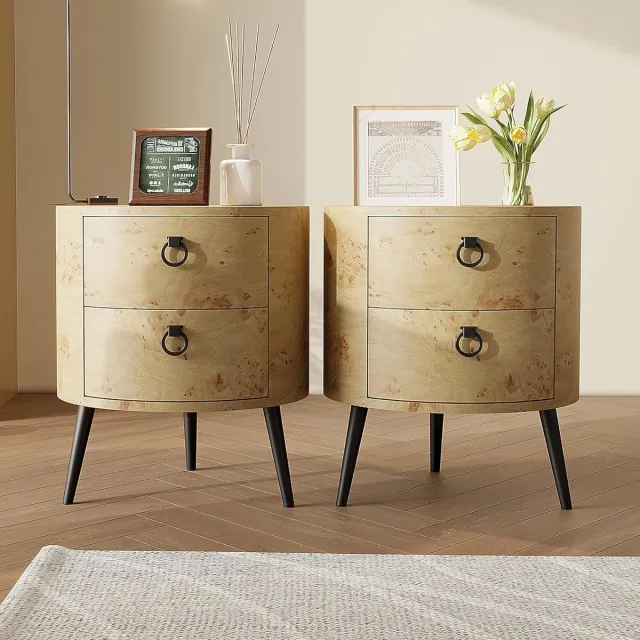 HOERFURIY Set van 2 Ronde nachtkast met 2 lades - moderne bijzettafel van hout & metaal - landelijk design - 47 x 47 x 55 cm - voor slaapkamer & woonkamer Natuurlijk