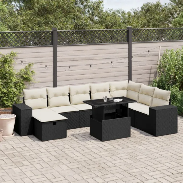 vidaXL 9-delige Loungeset met kussens poly rattan zwart, foto 2
