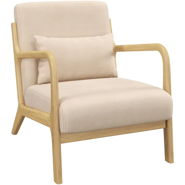 Lunpog Woonkamerstoel met frame van rubberhout, loungestoel, diepe zitting, armleuningen, fluweellook, beige Beige/crèmekleurig