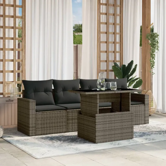 vidaXL 5-delige Loungeset met kussens poly rattan grijs, foto 2