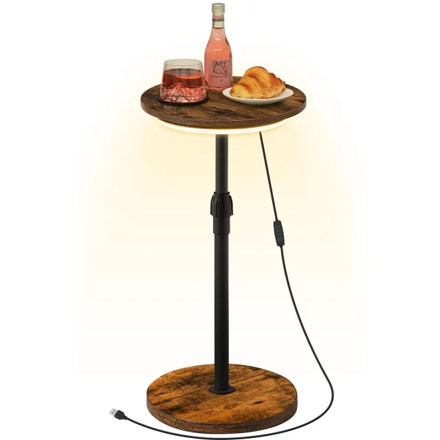 Ibenzoa Ronde, in hoogte verstelbare bijzettafel met LED-verlichting en antislip onderzetters voor kleine ruimtes Hout