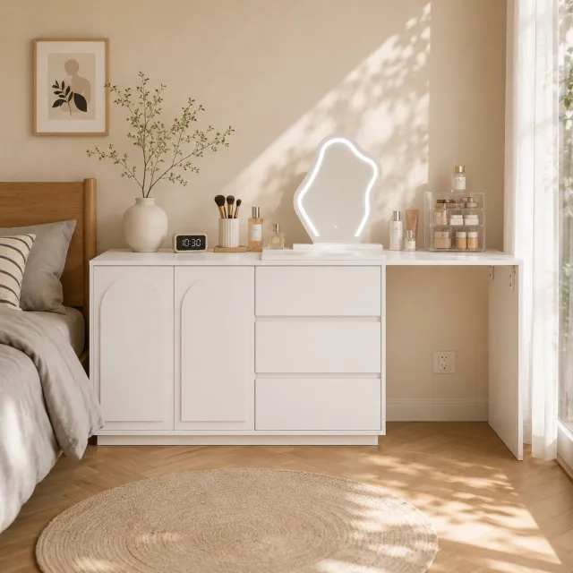 HAUSS SPOLE Kaptafel - Uitschuifbaar Tafelblad En Spiegel Met Ledverlichting In 3 Lichtkleuren - Voor Slaapkamer - Spaanplaat - Wit - 140x40x75 Cm